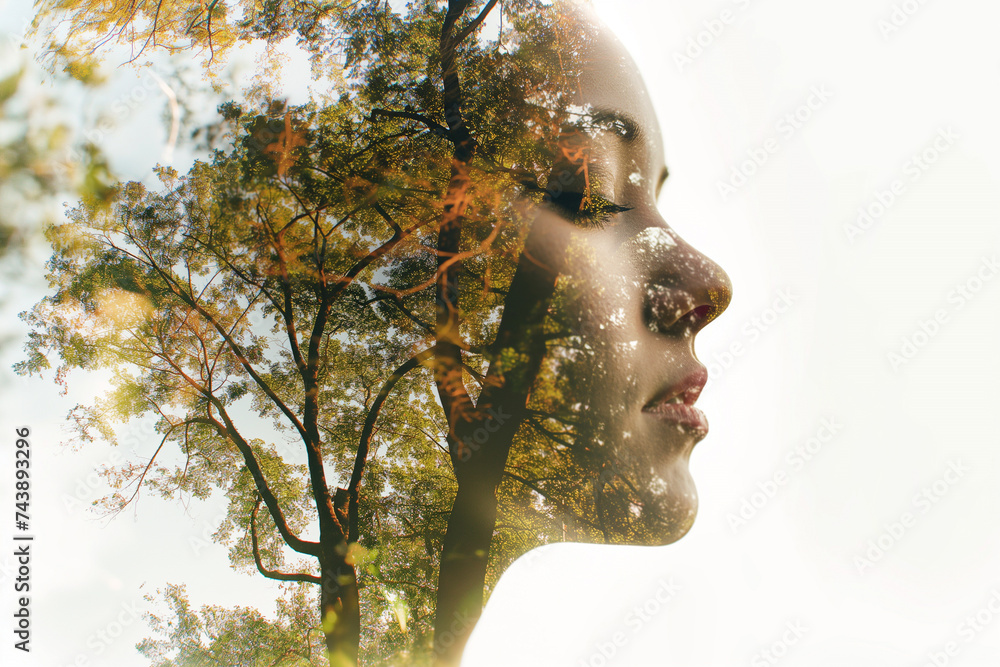 Double exposure portrait of woman blended with nature, creative art of beauty and tranquility, abstract girl