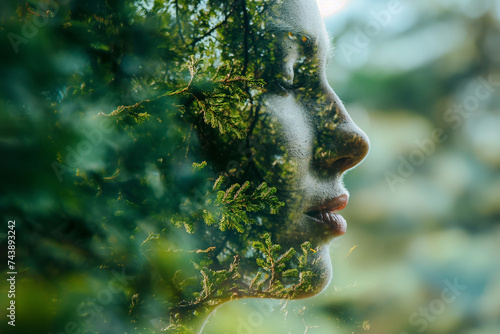 Double exposure portrait of woman blended with nature, creative art of beauty and tranquility, abstract girl