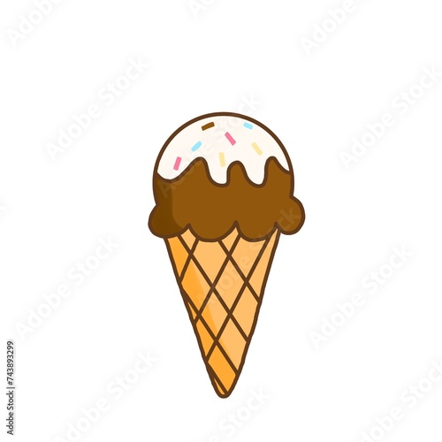 vector cartoon illustration of chocolate flavored ice cream with sprinkles and vanilla cream on top
