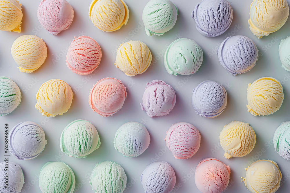 Pattern of pastel colored scoops of ice cream. Summer minimalism. Generative AI Pattern of pastel colored scoops of ice cream. Summer minimalism. Generative AI