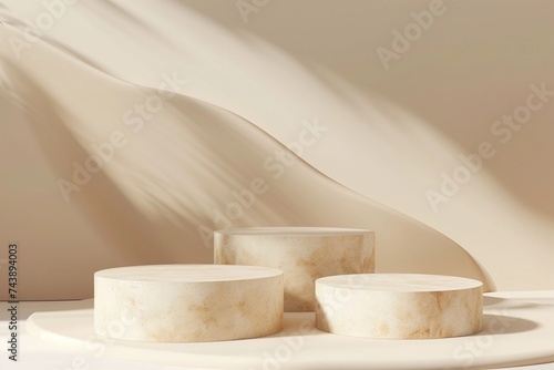 Three beige light podium for cosmetic product presentation