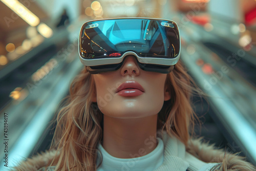 Caucasian woman in 3D virtual glasses standing on escalator in shopping mall