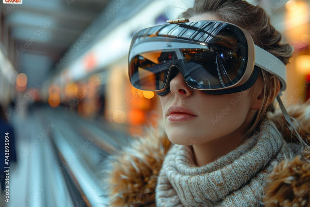 Caucasian woman in 3D virtual glasses standing on escalator in shopping mall Caucasian woman in 3D virtual glasses standing on escalator in shopping mall