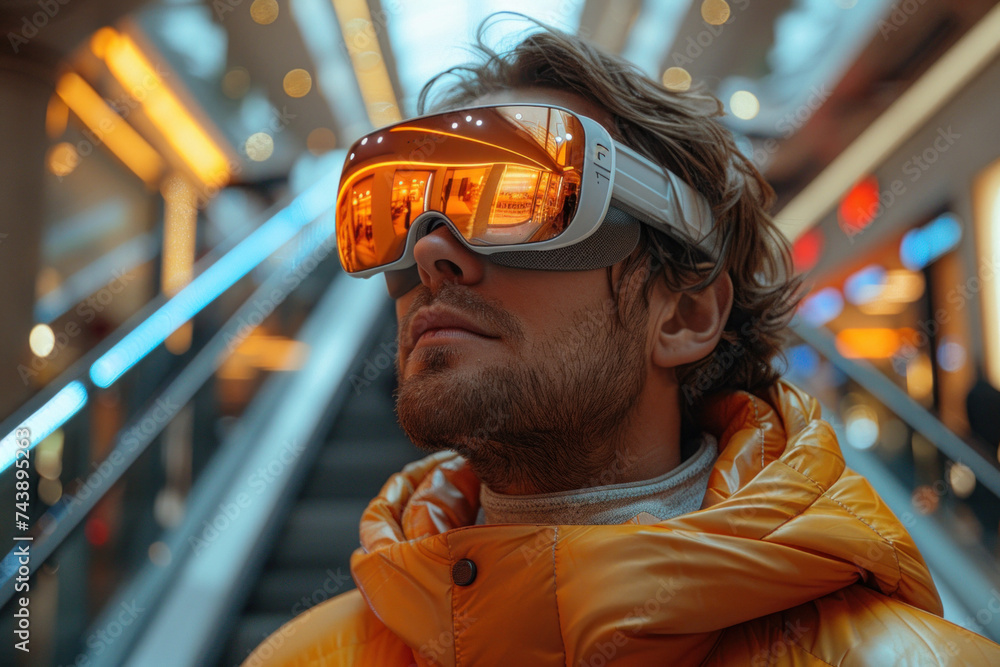 Caucasian man in 3D virtual glasses standing on escalator in shopping mall Caucasian man in 3D virtual glasses standing on escalator in shopping mall