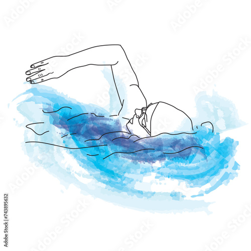 Silhouette of a man starting a swimming, vector illustration combined with a stain of watercolor paint, AthleticSpirit, Summer Olympic Games