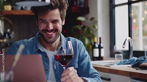 Smiling man drinking red wine while working on laptop in kitchen at home, ai generative photo