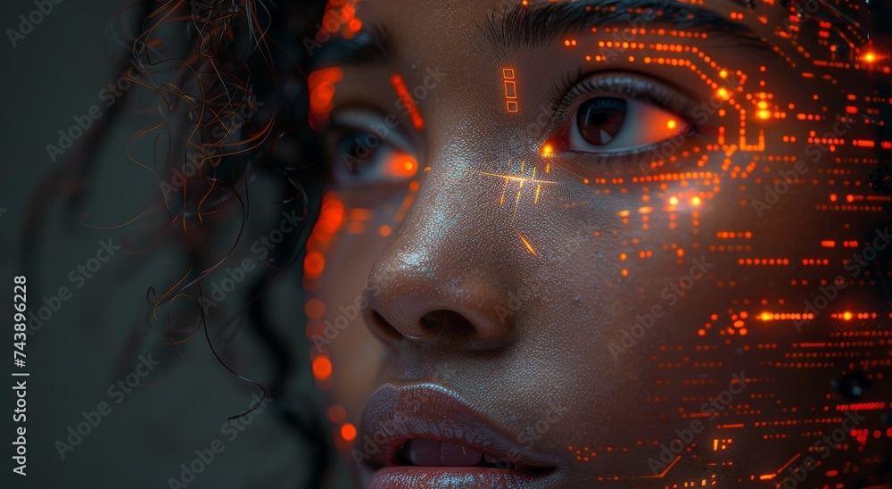 In this captivating portrait, a woman's face is adorned with glowing lines, highlighting the duality of light and darkness within her captivating gaze - obrazy, fototapety, plakaty 