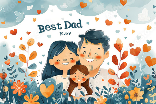 father and child smiling cartoon characters banner adorned with the phrase Best Dad Ever in playful, colorful lettering, surrounded by hearts photo