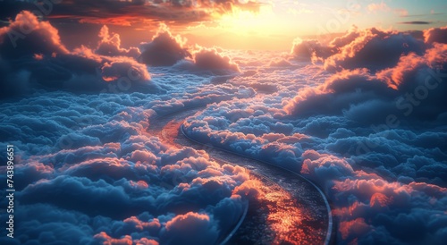 Golden hues paint the sky as a winding road leads through a sea of clouds, capturing the ethereal beauty of a sunset journey through nature's canvas