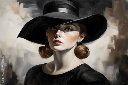 a painting of woman with hidden face in a black dress and a white hat 