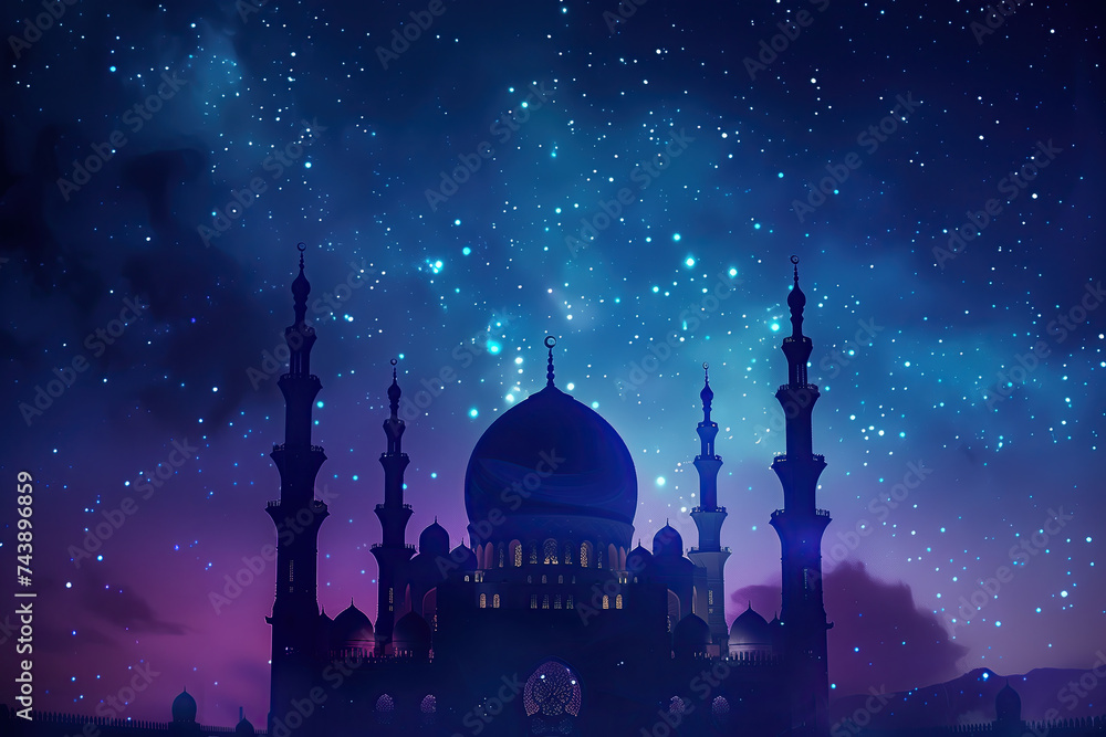 illustration a mosque at night in silhouette surrounded surrounded by twinkling stars. ramadan kareem banner background. ramadan kareem holiday celebration concept