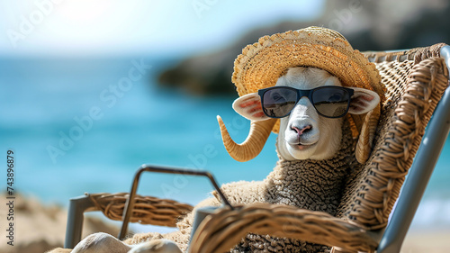 Funny curly wool sheep in a straw hat and sunglasses is relaxing on a chaise longue on the sea beach photo