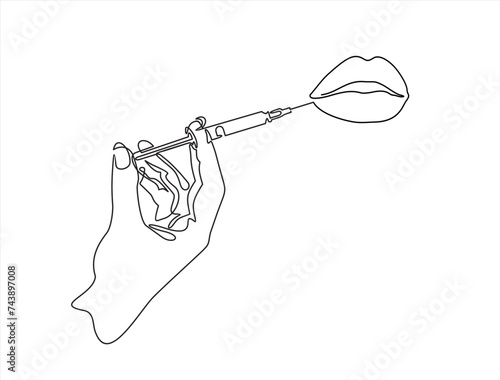 Continuous line beauty surgery concept. One line female lips and syringe, lip filters	