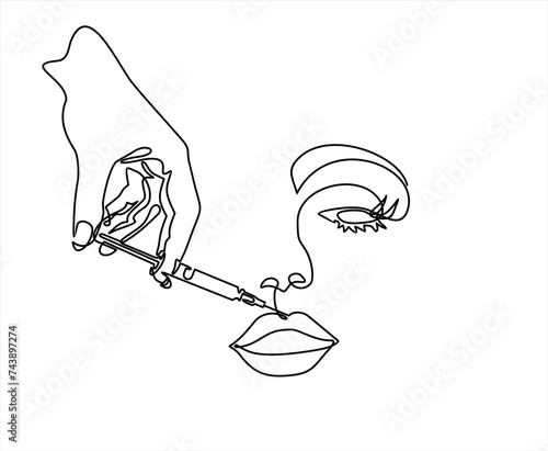 Continuous line beauty surgery concept. One line female portrait. One line syringe, lip filters	