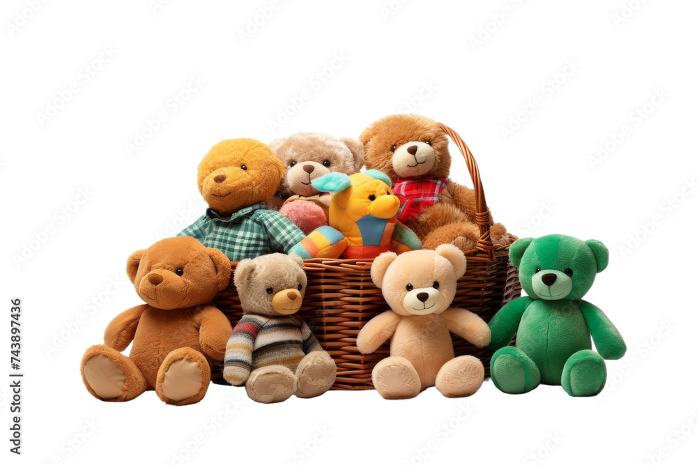 Group of Teddy Bears Sitting in a Basket. A cluster of various teddy bears sitting neatly arranged inside a wicker basket. Group of Teddy Bears Sitting in a Basket. A cluster of various teddy bears sitting neatly arranged inside a wicker basket.