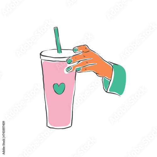 Colorful hand holding pink tumbler vector, tumbler line art