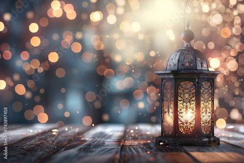 ramadan light lantern on wooden background with shiny bokeh lights. ramadan kareem banner background. ramadan kareem holiday celebration concept