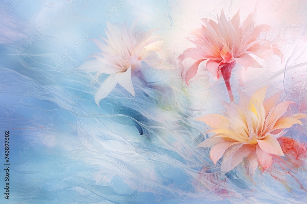 Flower painting on blue canvas, vibrant petals under sunlight Flower painting on blue canvas, vibrant petals under sunlight