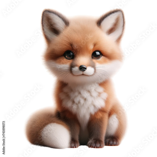 A cute little fox cub is sitting on a white background. The fur is fluffy and the eyes are bright