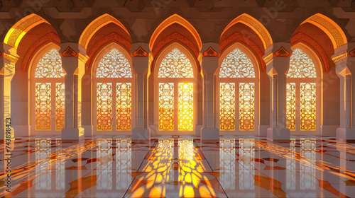 windows architecture of the mosque. the room is lit by the bright sunlight coming. ramadan kareem banner background. ramadan kareem holiday celebration concept