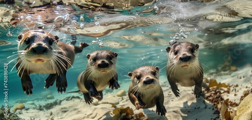 A family of otters playfully dive and twirl in crystal-clear waters, their sleek bodies catching the sunlight's sparkle. © Tayyab