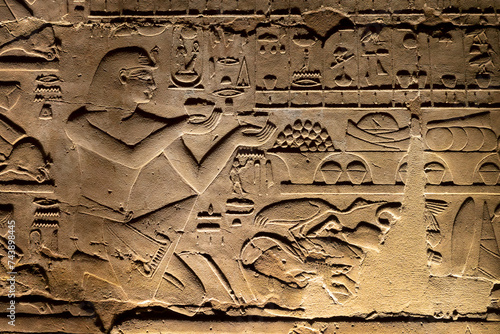 Close up of ancient egyptian wall relief carving with hieroglyphs inside Luxor temple, Egypt photo