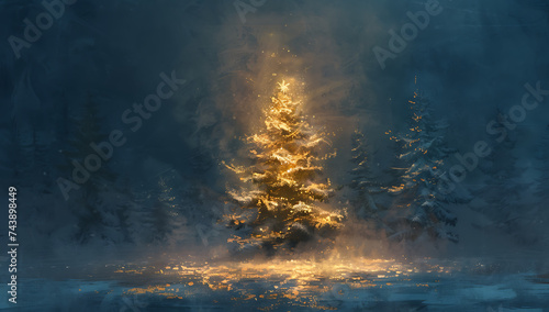 bright christmas tree on dark background with sparkle