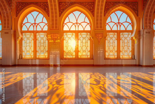 windows architecture of the mosque. the room is lit by the bright sunlight coming. ramadan kareem banner background. ramadan kareem holiday celebration concept