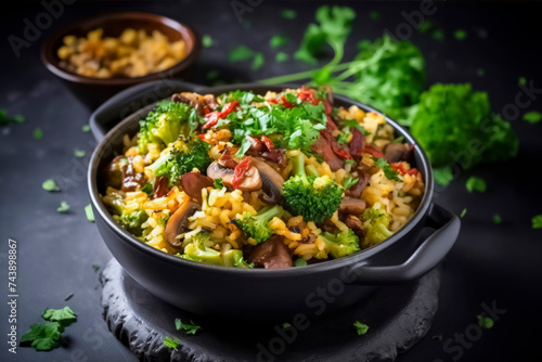 plate with rice, mushrooms and broccoli