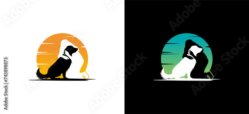 Vector silhouette of dog with woman in negative space, pet dog logo
