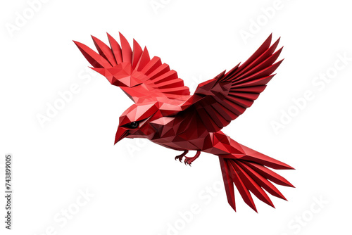 Red Bird Flying in the Air. A red bird is soaring gracefully through the sky, showcasing its vibrant feathers as it flaps its wings effortlessly.