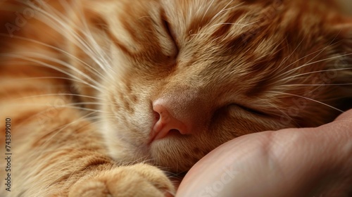 Close-Up of a Sleeping Ginger Cat's Face. A serene close-up of a peaceful ginger cat sleeping deeply, with its face resting gently in a human's hand. © auc