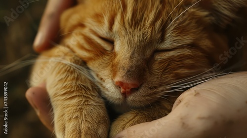 Sleeping Ginger Cat Cradled in Human Hand. Witness the serene beauty of a ginger cat as it peacefully slumbers, its face nestled delicately in the comforting embrace of a human hand, evoking a sense