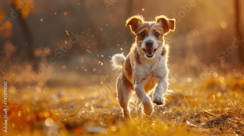 Joyful Dog Playing in Autumn Leaves at Sunset. A happy, energetic dog runs through a field of golden autumn leaves, with the warm glow of the sunset lighting up the scene. © auc