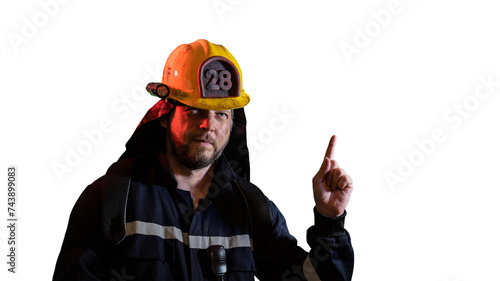 the male firefighter shows a hand gesture attention carefully