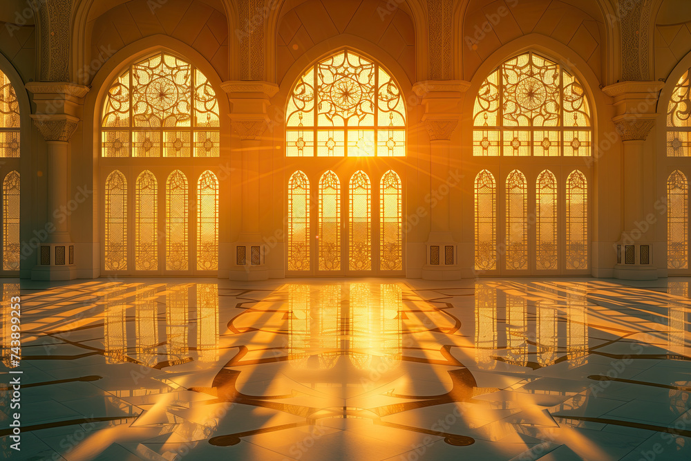 windows architecture of the mosque. the room is lit by the bright sunlight coming. ramadan kareem banner background. ramadan kareem holiday celebration concept