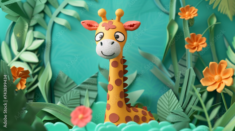 Naklejka premium Create a 3D animation showcasing a whimsical giraffe sculpture made entirely of plasticine