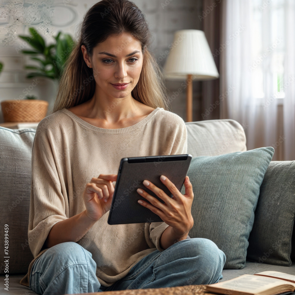 A woman is doing work at home on a laptop. A woman is doing work at home on a laptop.