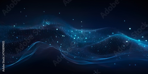 Background with abstract, glowing waves and dots. Metaverse cyberspace design. Dark blue space for text photo