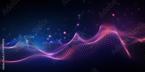 Abstract background with glowing weaves and dots. Space for text on the topic of cyberspace, metaverse, data transmission. Dark blue-purple background photo