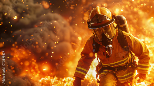 Generate a 3D animated scene featuring a firefighter in action amidst flames photo