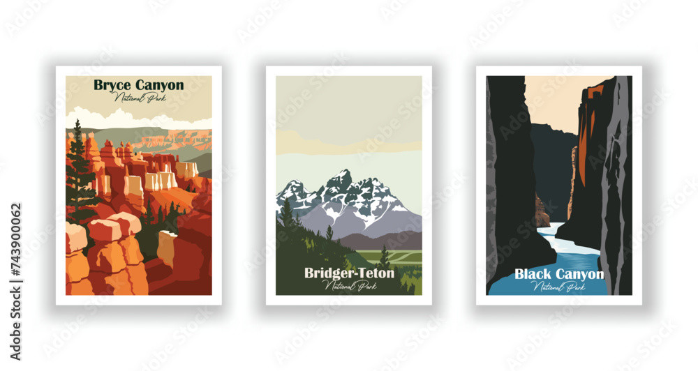 Black Canyon, National Park. Bridger-Teton, National Park. Bryce Canyon, National Park - Vintage travel poster. Vector illustration. High quality prints