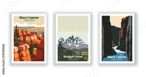 Black Canyon, National Park. Bridger-Teton, National Park. Bryce Canyon, National Park - Vintage travel poster. Vector illustration. High quality prints