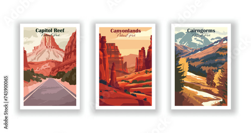 Cairngorms, National Park. Canyonlands, National Park. Capitol Reef, National Park - Vintage travel poster. Vector illustration. High quality prints