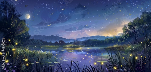 A symphony of crickets fills the evening air as fireflies twinkle like stars in a moonlit meadow.