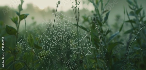 Dew-kissed spider webs glisten like delicate lace, suspended between emerald blades in a morning meadow.