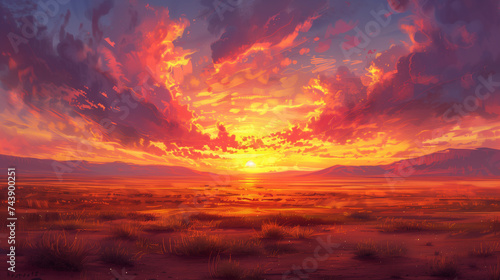 Digital painting of a breathtaking sunset with vivid colors over a serene desert landscape. © NaphakStudio