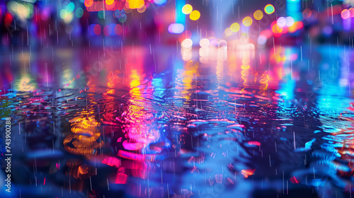 Raindrops cling to a car glass with a backdrop of colorful bokeh light reflections, creating a vibrant, textured effect. Bokeh lights on a rainy night, reflections on wet streets.