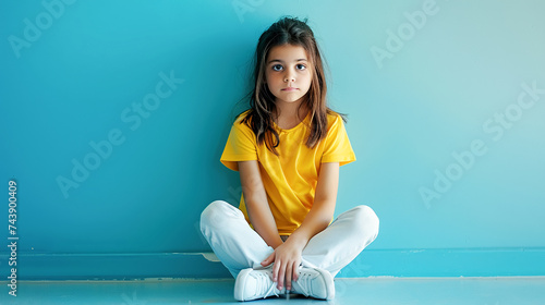 Pensive young girl, teenager, sitting cross-legged against a blue wall. Relationships among teenagers, bullying, problems of adolescence