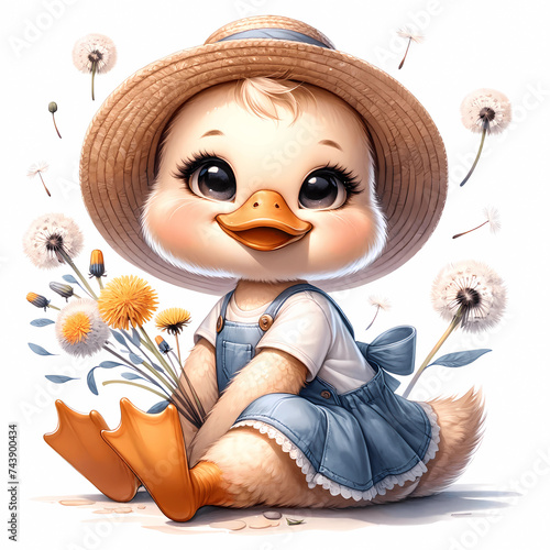 Illustration of a Duckling in Denim Sundress with Dandelions. A delightful illustration featuring a duckling in a stylish denim dress and straw hat, holding a bouquet of dandelions
